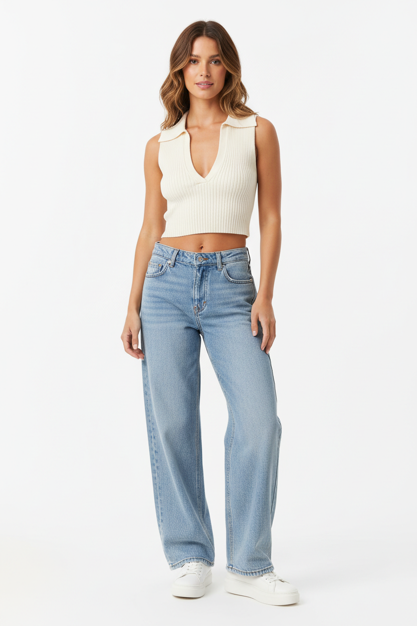 Female model wearing Summer V-Neck Ribbed Knit Crop Top